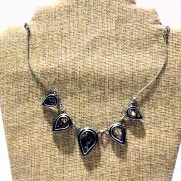 Vintage Artisan Abalone Inlay Silver Tone Teardrop Boho Choker Necklace - Picture 5 of 6